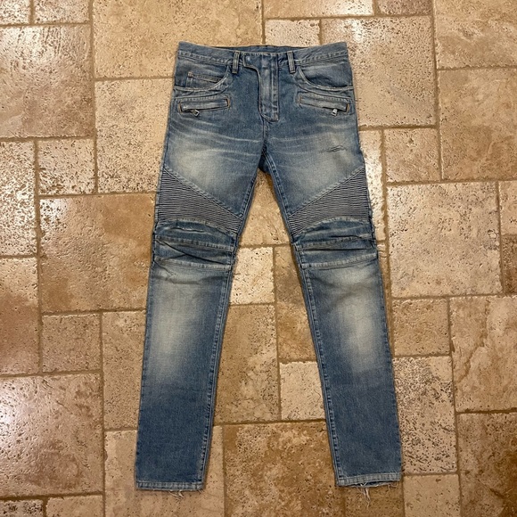 Balmain OG Distressed Moto Light Wash Blue Denim Jeans - Picture 1 of 14